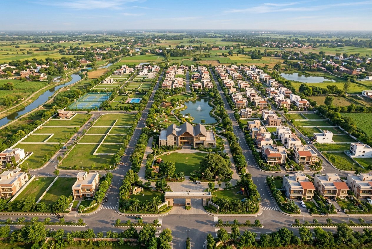Conceptual aerial visual of a landscaped residential community