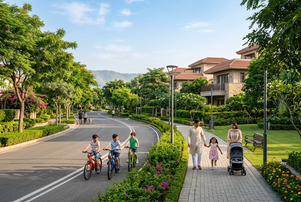 Conceptual landscaped boulevard with families walking and cycling